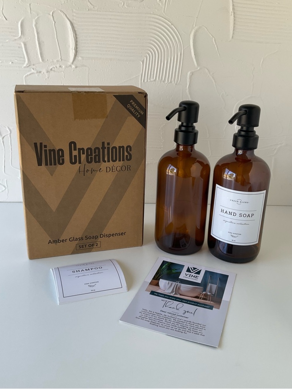 Vine Creations Premium Amber Glass Soap Dispenser Set - Set of 2